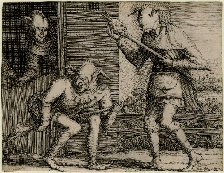 Pieter Bruegel the Elder (After); Hendrik Hondius I (Print made by); Three Fools of Carnival; three fools playing with their fool's baubles. 1642